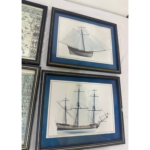 16 - Selection of framed map pictures, ships etc largest measures approximately 9 inches tall 10.5 inches... 