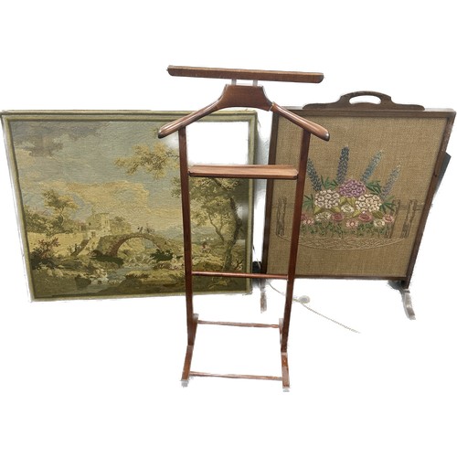 281F - Oak Tapestry fire screen, framed tapestry, wooden gents valet stand, framed tapestry measures: 36 in... 