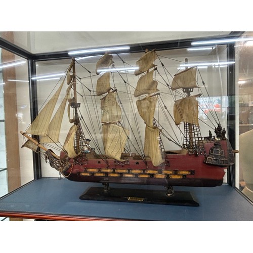 124 - Galloon ship within presentation case, case measures approximately Height 23 inches, Width 33 inches... 