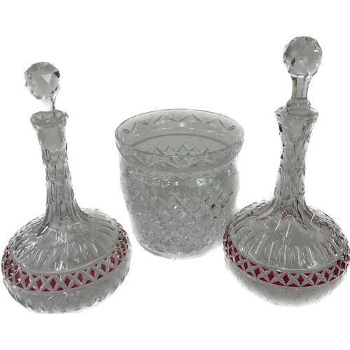 43 - Pair Ruby cut glass decanters, moulded glass vase, height of decanter with stopper 10 inches