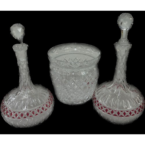 43 - Pair Ruby cut glass decanters, moulded glass vase, height of decanter with stopper 10 inches