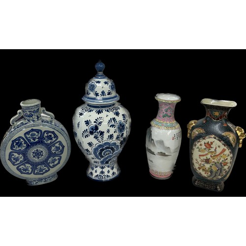 57 - Selection of oriental vases and a delft vase (a/f), tallest piece measures approximately 17 inches