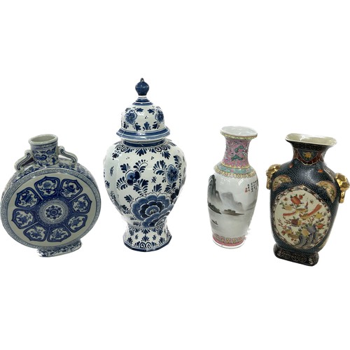 57 - Selection of oriental vases and a delft vase (a/f), tallest piece measures approximately 17 inches