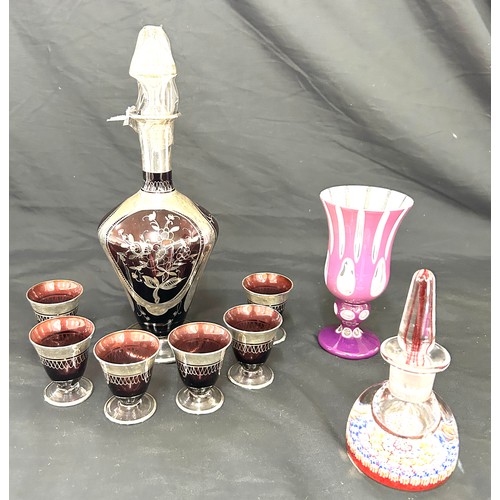 31 - Glass decanter with silver overlay together with 6 glasses etc