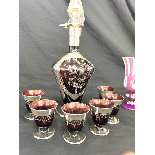 31 - Glass decanter with silver overlay together with 6 glasses etc