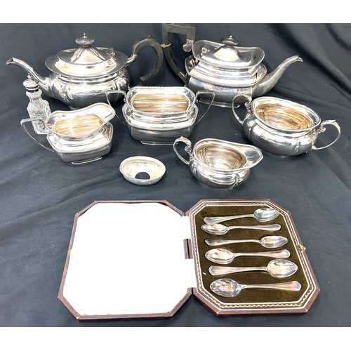 68 - 2 Silver plated tea sets together with a cased set of silver plated teaspoons