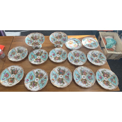 81 - Antique Dresden quatrefoil Helena Wolfjohn 12 plates and 2 comports, bone china