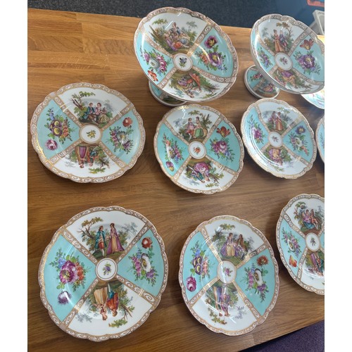 81 - Antique Dresden quatrefoil Helena Wolfjohn 12 plates and 2 comports, bone china