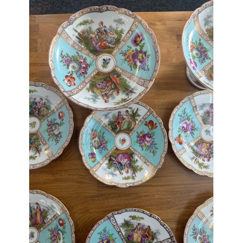 81 - Antique Dresden quatrefoil Helena Wolfjohn 12 plates and 2 comports, bone china