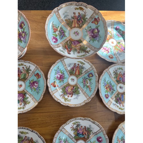 81 - Antique Dresden quatrefoil Helena Wolfjohn 12 plates and 2 comports, bone china