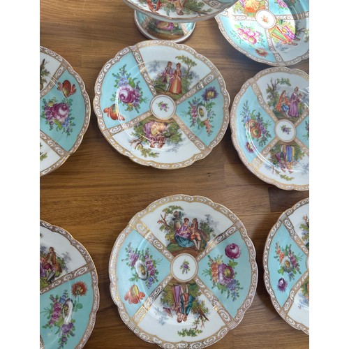 81 - Antique Dresden quatrefoil Helena Wolfjohn 12 plates and 2 comports, bone china