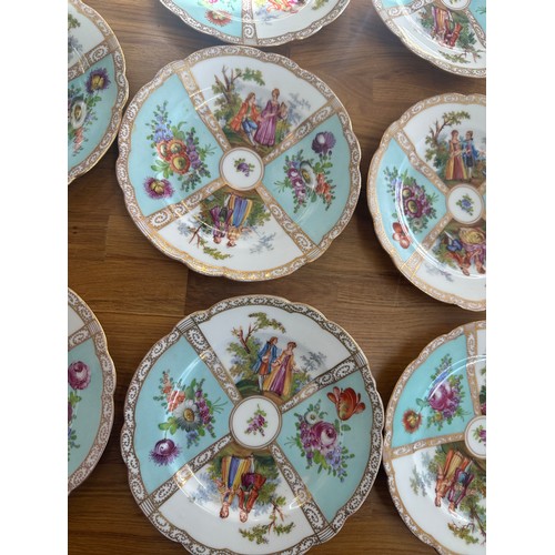 81 - Antique Dresden quatrefoil Helena Wolfjohn 12 plates and 2 comports, bone china