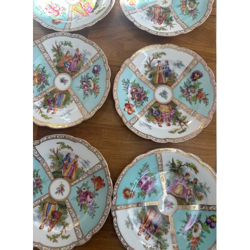 81 - Antique Dresden quatrefoil Helena Wolfjohn 12 plates and 2 comports, bone china