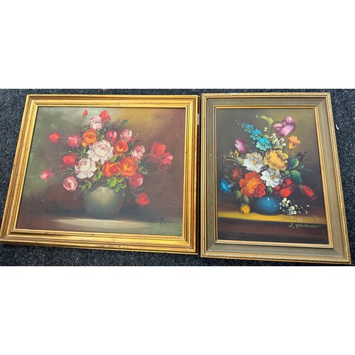 92 - Two gilt framed vintage signed paintings depicting floral arrangements largest measures approx 23 in... 