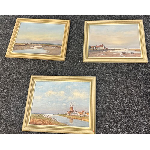 77 - Three framed vintage oils on board depicting Sea side scenes two signed P.H.Cramphor largest measure... 