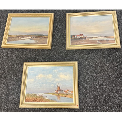 77 - Three framed vintage oils on board depicting Sea side scenes two signed P.H.Cramphor largest measure... 