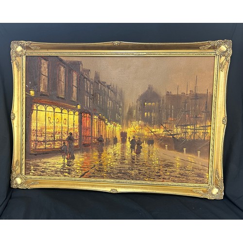 285 - Vintage gilt framed oil on canvas depicting a Victorian city scene signed John Bampfield measures ap... 