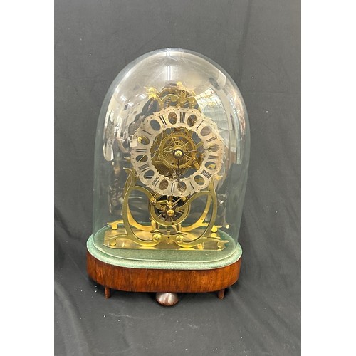 431 - Vintage skeleton mantel clock in dome with pendulum measures approx 13 inches tall, untested