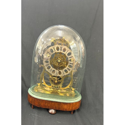 431 - Vintage skeleton mantel clock in dome with pendulum measures approx 13 inches tall, untested