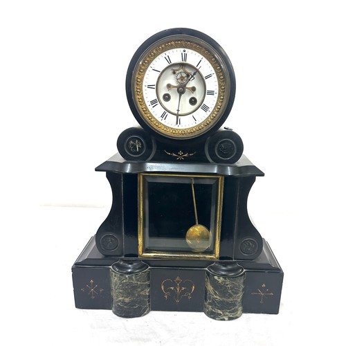 107 - Vintage French Slate two key hole mantle clock with key and pendulum measures approx 19 inches tall ... 