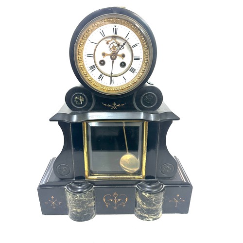 107 - Vintage French Slate two key hole mantle clock with key and pendulum measures approx 19 inches tall ... 