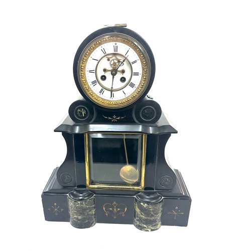 107 - Vintage French Slate two key hole mantle clock with key and pendulum measures approx 19 inches tall ... 