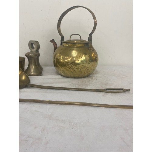 115 - Selection of brass and copper ware includes weights, brass kettle etc