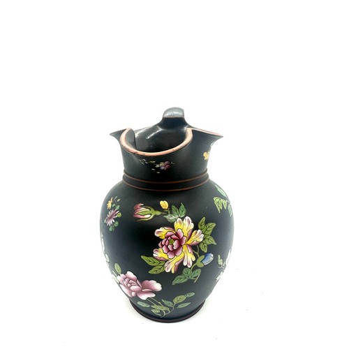 405 - 19th century Wedgwood black basalt pitcher with flower enamel decoration, has sustained small chips ... 