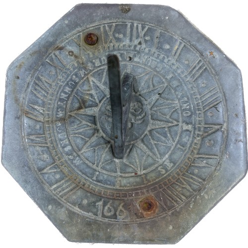 108 - Octagonal 1661 sundial encased with a concrete base, approximate overall measurements 9 x 9 inches, ... 