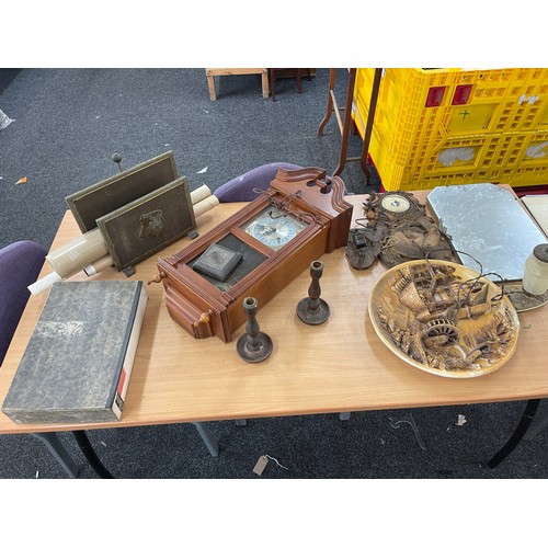 141 - Selection of miscellaneous items includes vintage lamp, clock, candle sticks etc