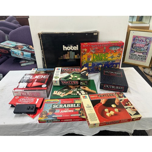 247 - Selection of vintage and later board games to include Dare, Hotel, Cube, Scrabble etc