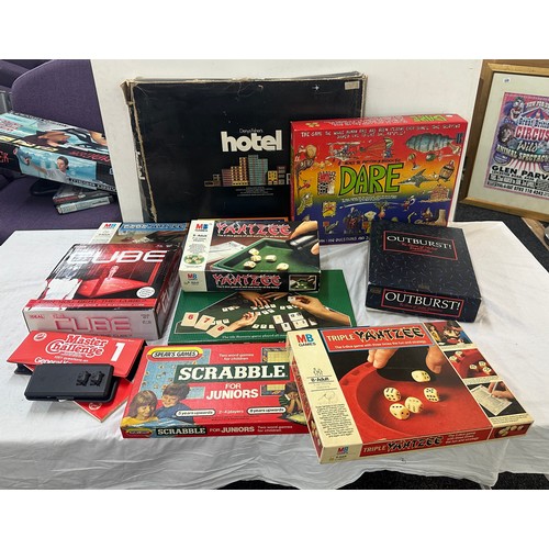 247 - Selection of vintage and later board games to include Dare, Hotel, Cube, Scrabble etc