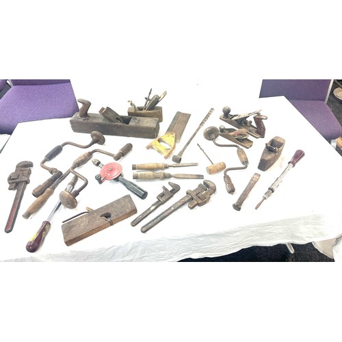 230 - Selection of vintage tools including planes, drills, saws, renches etc