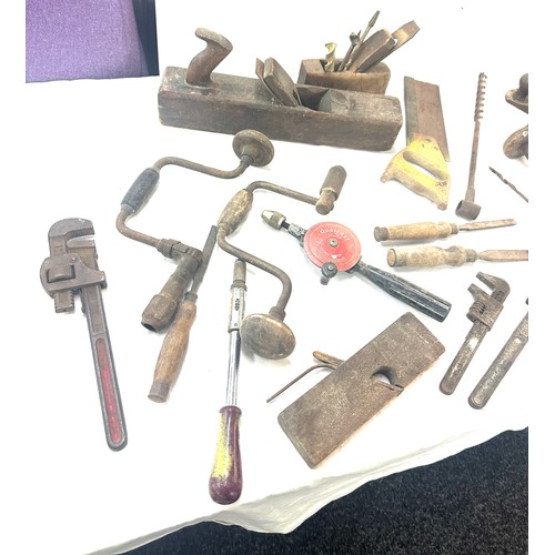 230 - Selection of vintage tools including planes, drills, saws, renches etc