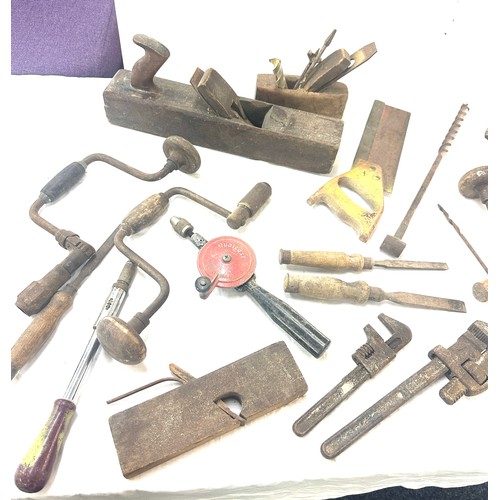 230 - Selection of vintage tools including planes, drills, saws, renches etc