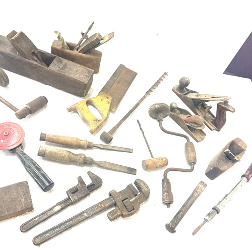 230 - Selection of vintage tools including planes, drills, saws, renches etc