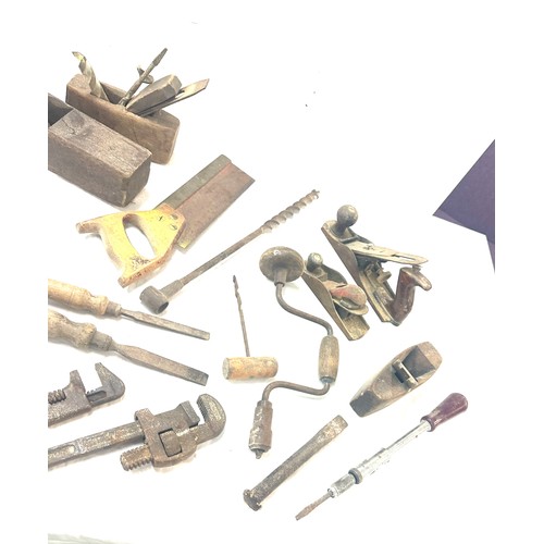 230 - Selection of vintage tools including planes, drills, saws, renches etc