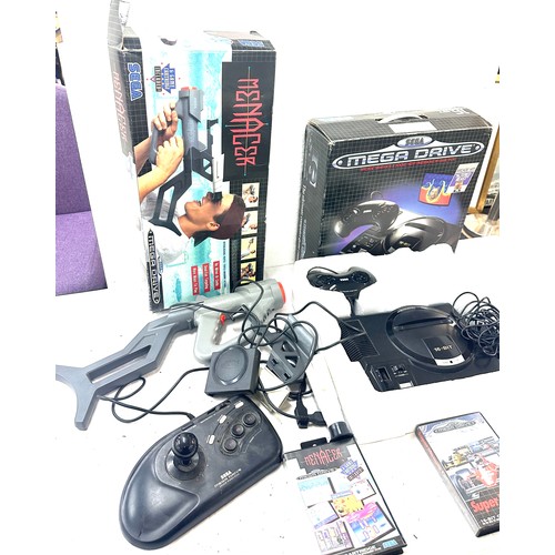 244 - Boxed Sega Mega drive, Menacer gun accessory, arcade poer stick, 2 games, all untested