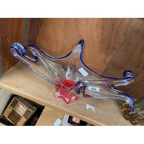 48 - 2 Pieces of coloured art glass includes vase and a bowl, tallest measures approximately 14 inches