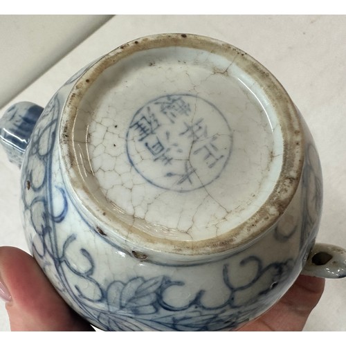 625 - 3 Pieces of blue and white Chinese pottery, marks to base on the tea pot