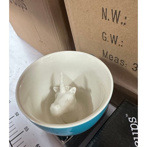 374 - Large selection of brand new in box creature mugs to include unicorns, rabbits and creepy creatures