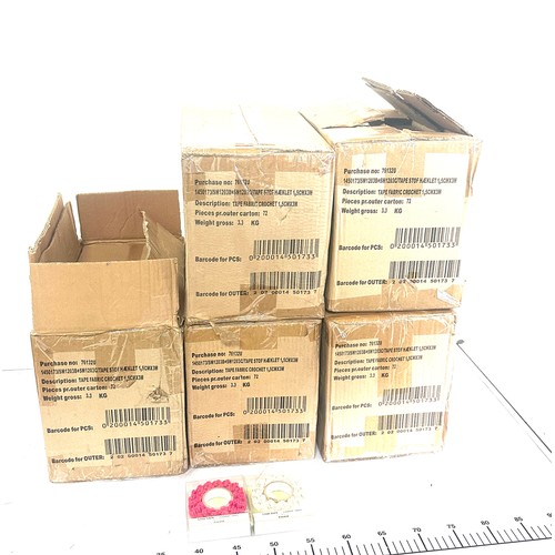 370 - Five boxes of of brand new boxed fabric crochet tape 72 packs per box