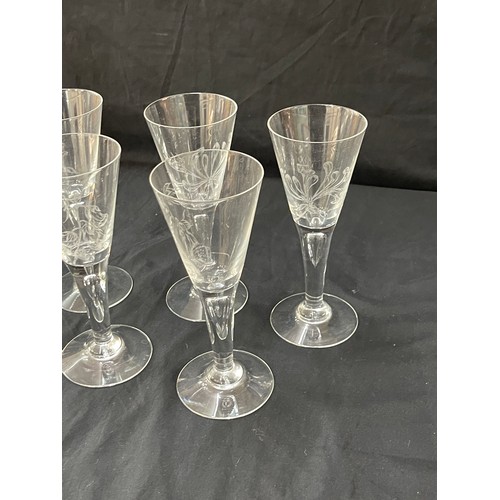 175 - vintage etched glass decanter and 5 glass set