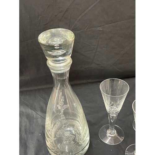 175 - vintage etched glass decanter and 5 glass set