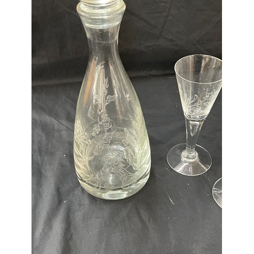 175 - vintage etched glass decanter and 5 glass set