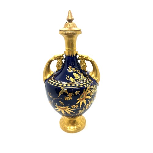 413 - Early Royal Worcester lidded blue and gilt vase, fine quality, damage to lid 9 inches tall