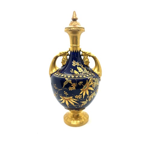 413 - Early Royal Worcester lidded blue and gilt vase, fine quality, damage to lid 9 inches tall