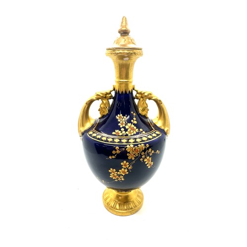 413 - Early Royal Worcester lidded blue and gilt vase, fine quality, damage to lid 9 inches tall