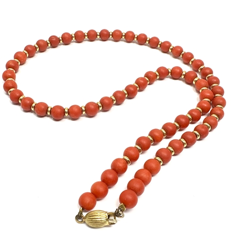 50 - fine 18ct gold clasp & gold spacers red coral necklace measures 40 cm long beads measure approx 5.5m... 