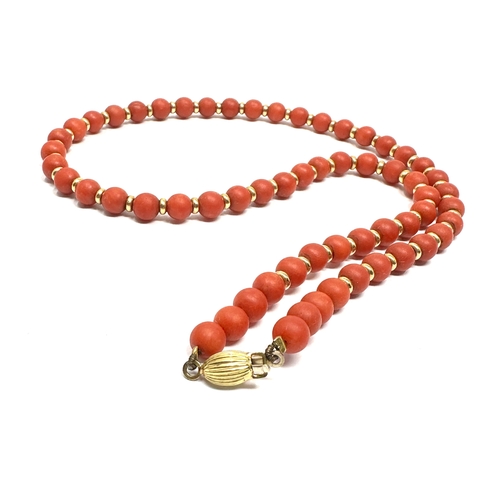 50 - fine 18ct gold clasp & gold spacers red coral necklace measures 40 cm long beads measure approx 5.5m... 